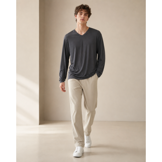 Ice silk drape feel round neck long sleeve T-shirt men loose thin senior sense